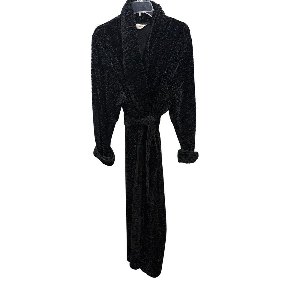 Diamond Tea Robe Black Crushed Velvet Shawl Collar Rope Trim Long Dressing Gown